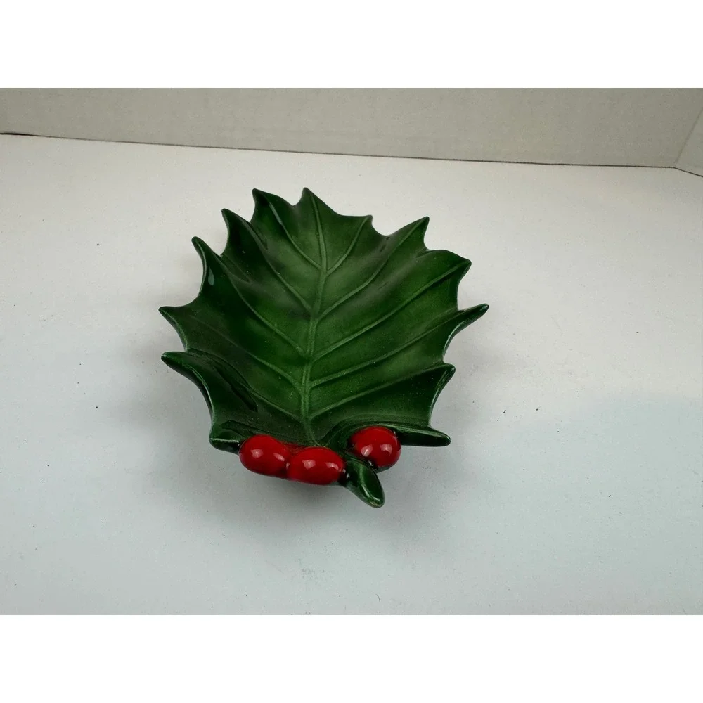 Vintage Holland Mold Ceramic Holly Leaf Dish Green Red Berries Christmas Decor